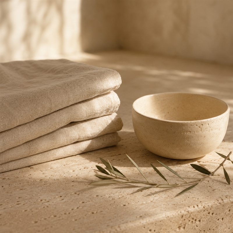 Folded linen and a travertine bowl on a stone ledge