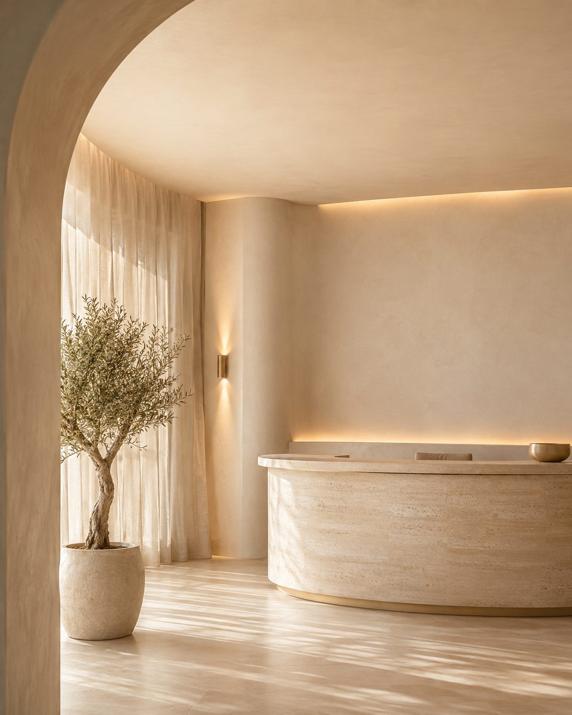 A visualisation of the clinic reception: a curved travertine desk, an olive tree and morning light through linen curtains