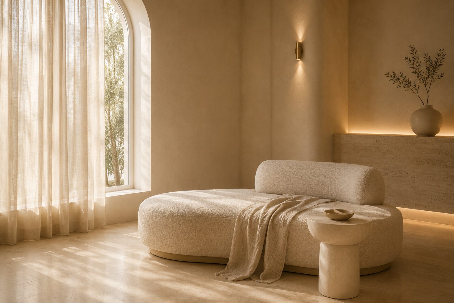 A visualisation of the relaxation space: a curved daybed, linen throw and morning light through an arched window
