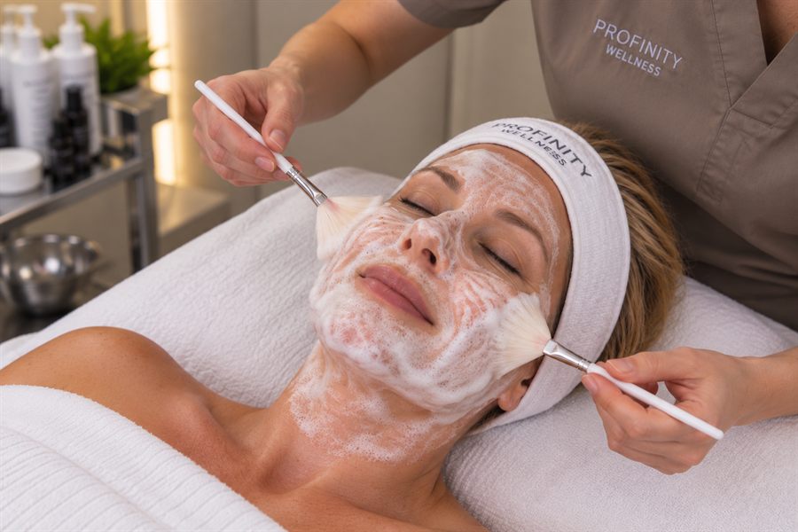 A double cleanse worked over the face with fan brushes.