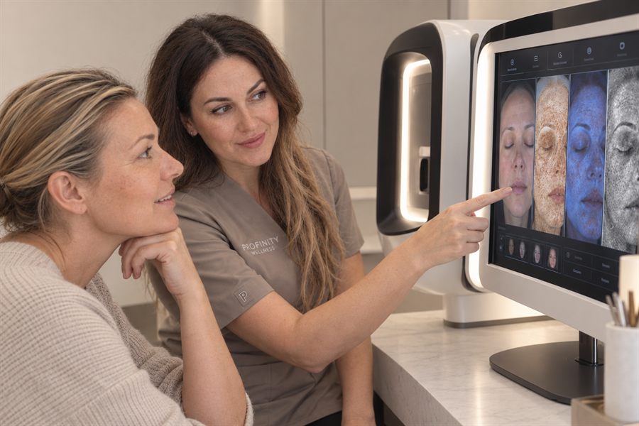 Yulia showing a client her skin analysis on screen.