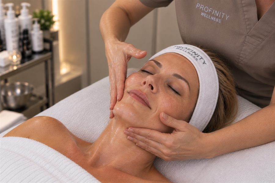 Lymphatic drainage massage along the cheek and jaw.