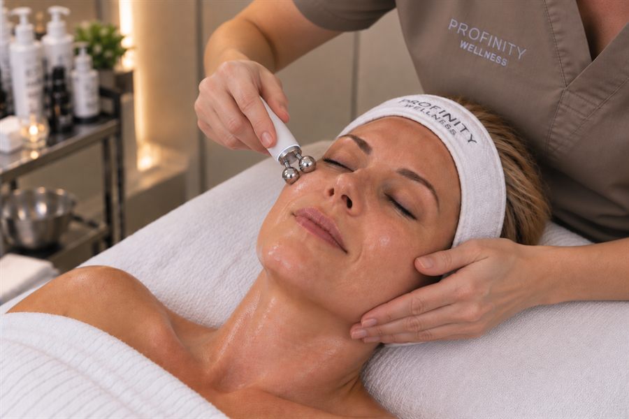 The microcurrent handpiece lifting along the cheekbone.