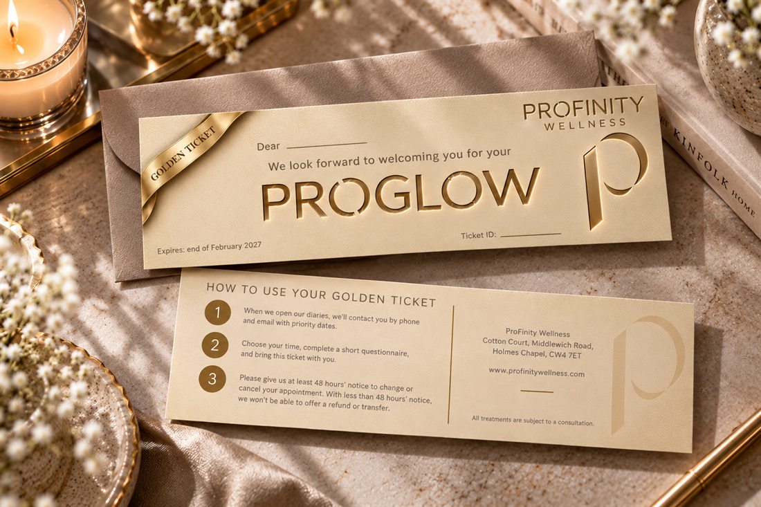 A ProGlow Golden Ticket and its envelope, printed in gold