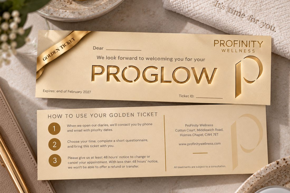 A ProGlow Golden Ticket, front and back, showing how to use it